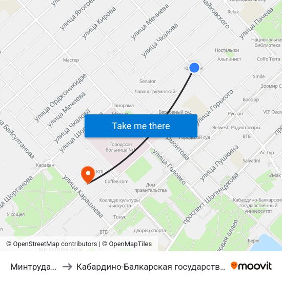 Минтруда И Здравоохранения to Кабардино-Балкарская государственная сельскохозяйственная академия имени В.М. Кокова. map