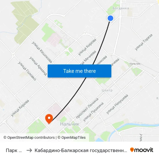 Парк Шогенцукова to Кабардино-Балкарская государственная сельскохозяйственная академия имени В.М. Кокова. map