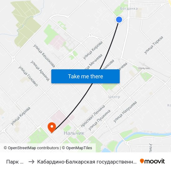 Парк Шогенцукова to Кабардино-Балкарская государственная сельскохозяйственная академия имени В.М. Кокова. map