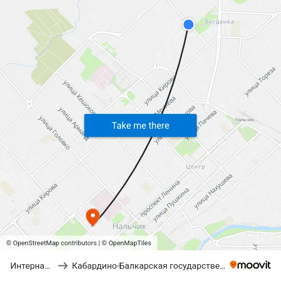 Интернациональная Улица to Кабардино-Балкарская государственная сельскохозяйственная академия имени В.М. Кокова. map