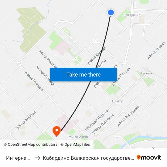 Интернациональная Улица to Кабардино-Балкарская государственная сельскохозяйственная академия имени В.М. Кокова. map
