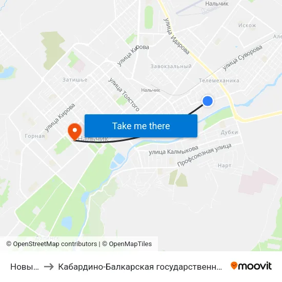 Новый Переулок to Кабардино-Балкарская государственная сельскохозяйственная академия имени В.М. Кокова. map