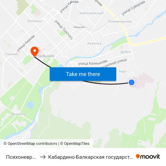 Психоневрологический Диспансер to Кабардино-Балкарская государственная сельскохозяйственная академия имени В.М. Кокова. map