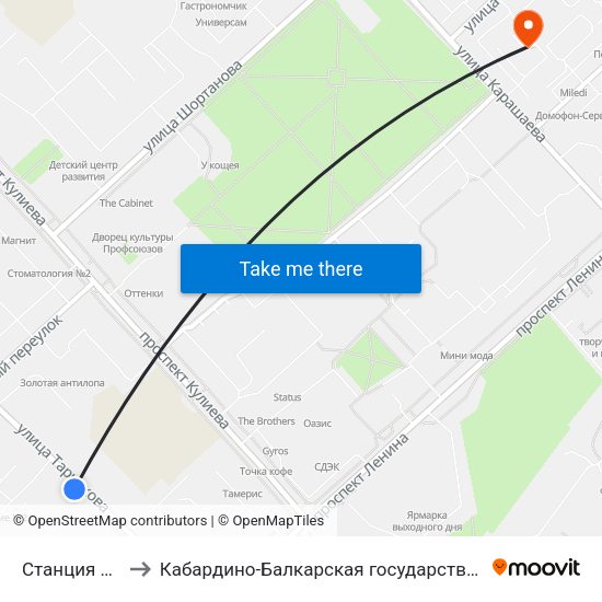 Станция Переливания Крови to Кабардино-Балкарская государственная сельскохозяйственная академия имени В.М. Кокова. map
