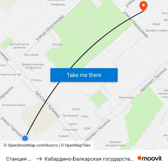 Станция Переливания Крови to Кабардино-Балкарская государственная сельскохозяйственная академия имени В.М. Кокова. map
