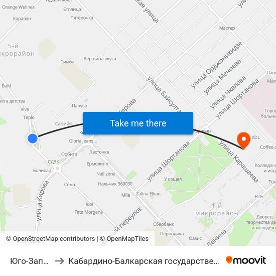 Юго-Западная Котельная to Кабардино-Балкарская государственная сельскохозяйственная академия имени В.М. Кокова. map
