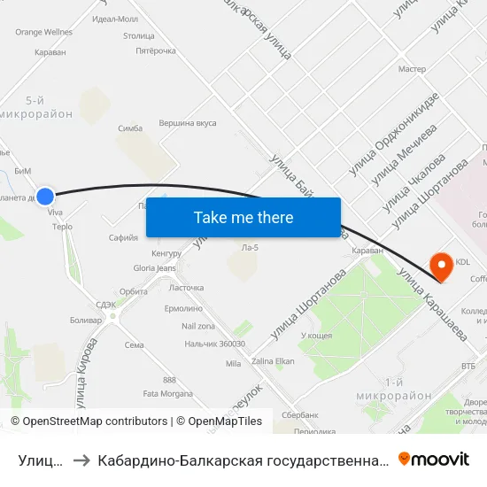 Улица Ватутина to Кабардино-Балкарская государственная сельскохозяйственная академия имени В.М. Кокова. map