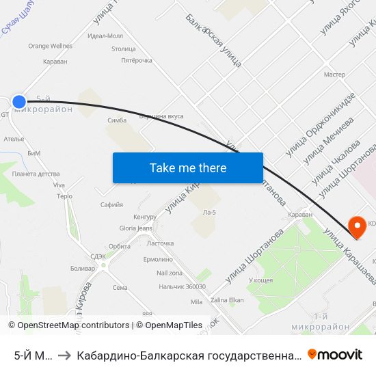 5-Й Микрорайон to Кабардино-Балкарская государственная сельскохозяйственная академия имени В.М. Кокова. map