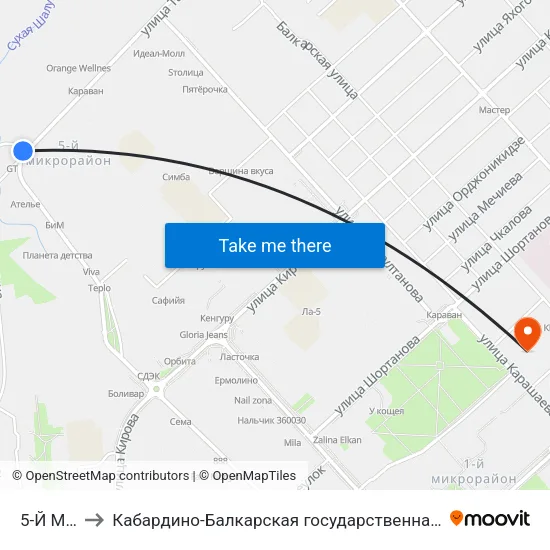 5-Й Микрорайон to Кабардино-Балкарская государственная сельскохозяйственная академия имени В.М. Кокова. map