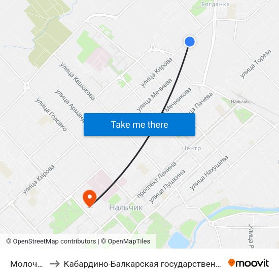 Молочный Комбинат to Кабардино-Балкарская государственная сельскохозяйственная академия имени В.М. Кокова. map