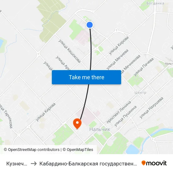 Кузнечный Переулок to Кабардино-Балкарская государственная сельскохозяйственная академия имени В.М. Кокова. map