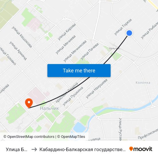 Улица Братьев Кушховых to Кабардино-Балкарская государственная сельскохозяйственная академия имени В.М. Кокова. map