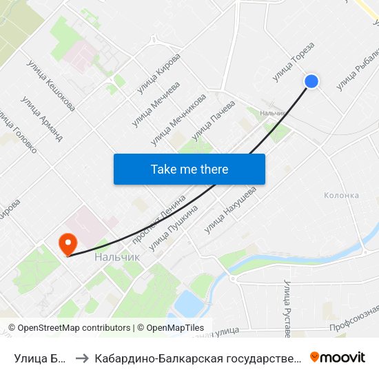 Улица Братьев Кушховых to Кабардино-Балкарская государственная сельскохозяйственная академия имени В.М. Кокова. map