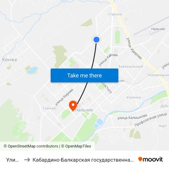 Улица Шукова to Кабардино-Балкарская государственная сельскохозяйственная академия имени В.М. Кокова. map