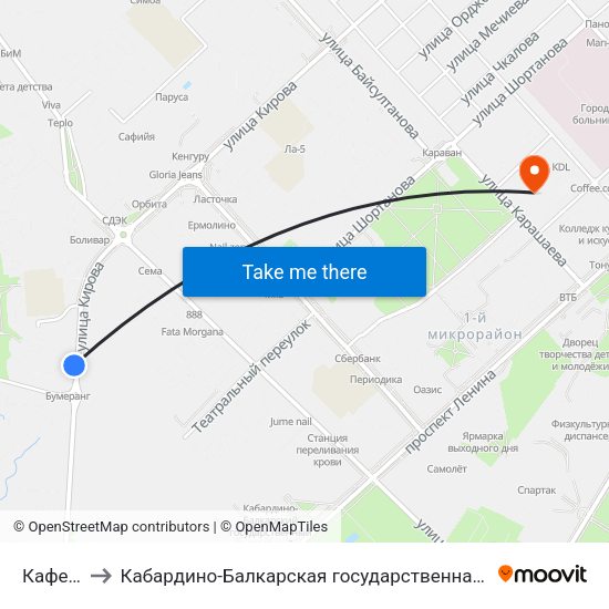 Кафе Бумеранг to Кабардино-Балкарская государственная сельскохозяйственная академия имени В.М. Кокова. map