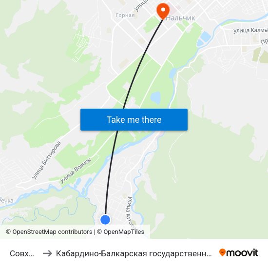 Совхозная Улица to Кабардино-Балкарская государственная сельскохозяйственная академия имени В.М. Кокова. map