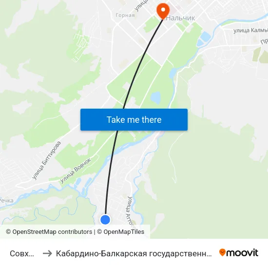 Совхозная Улица to Кабардино-Балкарская государственная сельскохозяйственная академия имени В.М. Кокова. map