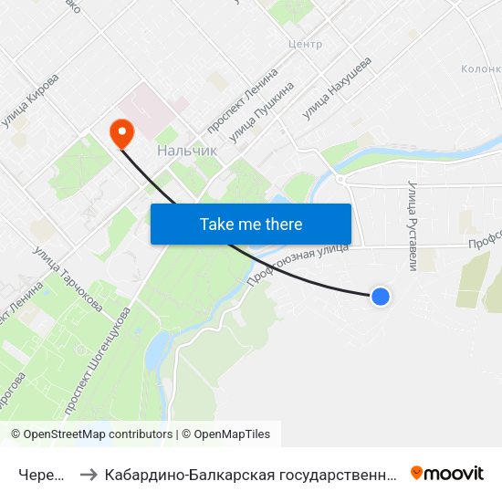 Черекская Улица to Кабардино-Балкарская государственная сельскохозяйственная академия имени В.М. Кокова. map