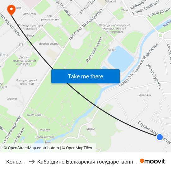Консервный Завод to Кабардино-Балкарская государственная сельскохозяйственная академия имени В.М. Кокова. map