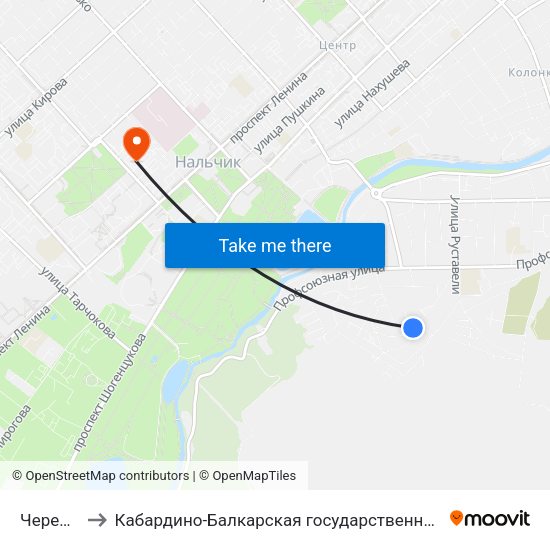 Черекская Улица to Кабардино-Балкарская государственная сельскохозяйственная академия имени В.М. Кокова. map
