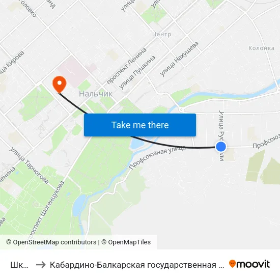 Школа №12 to Кабардино-Балкарская государственная сельскохозяйственная академия имени В.М. Кокова. map