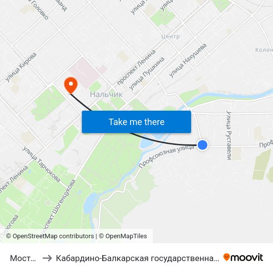 Мостовая Улица to Кабардино-Балкарская государственная сельскохозяйственная академия имени В.М. Кокова. map