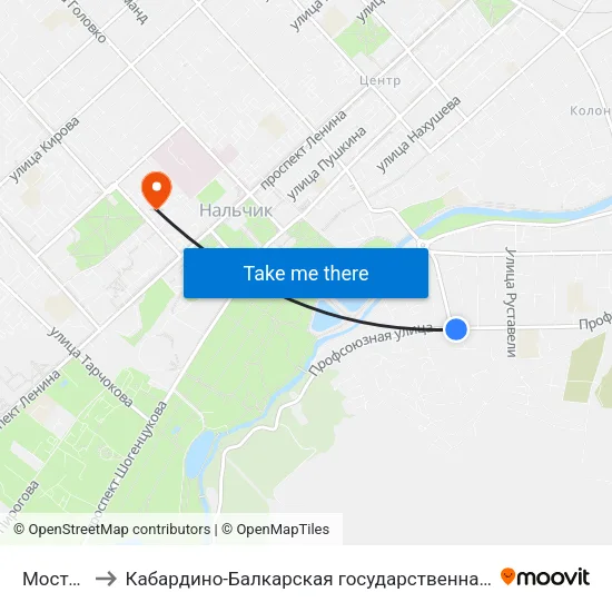 Мостовая Улица to Кабардино-Балкарская государственная сельскохозяйственная академия имени В.М. Кокова. map