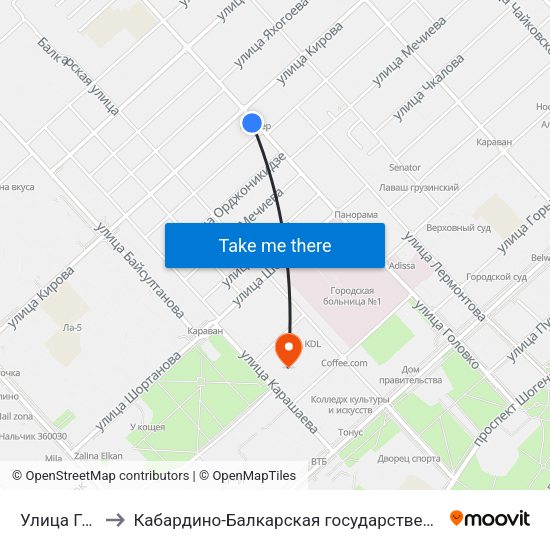 Улица Головко / Кирова to Кабардино-Балкарская государственная сельскохозяйственная академия имени В.М. Кокова. map