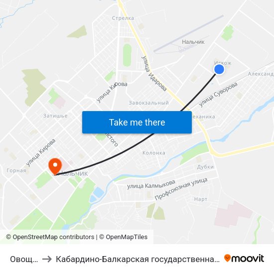 Овощной Рынок to Кабардино-Балкарская государственная сельскохозяйственная академия имени В.М. Кокова. map
