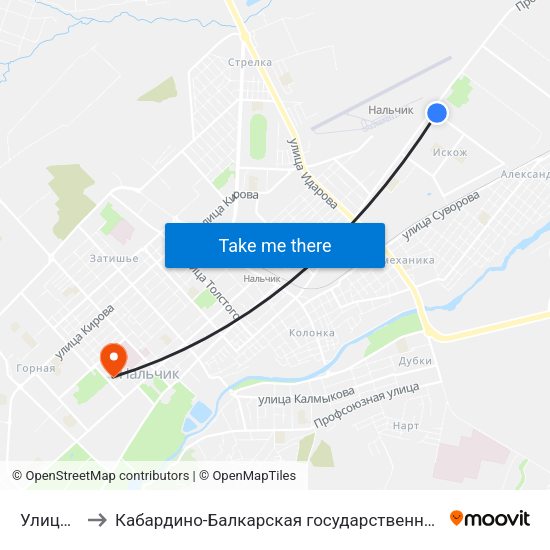 Улица Мусукаева to Кабардино-Балкарская государственная сельскохозяйственная академия имени В.М. Кокова. map