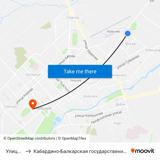 Улица Мусукаева to Кабардино-Балкарская государственная сельскохозяйственная академия имени В.М. Кокова. map