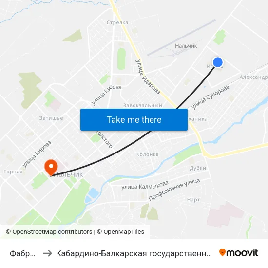 Фабрика Горянка to Кабардино-Балкарская государственная сельскохозяйственная академия имени В.М. Кокова. map