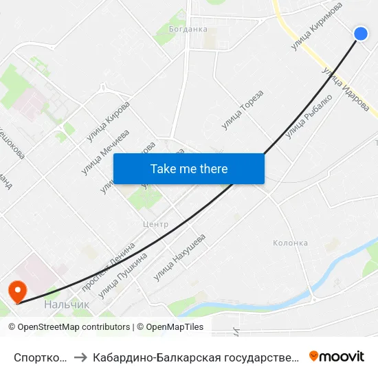 Спорткомплекс Кабарда to Кабардино-Балкарская государственная сельскохозяйственная академия имени В.М. Кокова. map
