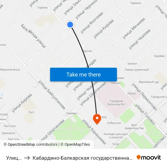 Улица Головко to Кабардино-Балкарская государственная сельскохозяйственная академия имени В.М. Кокова. map