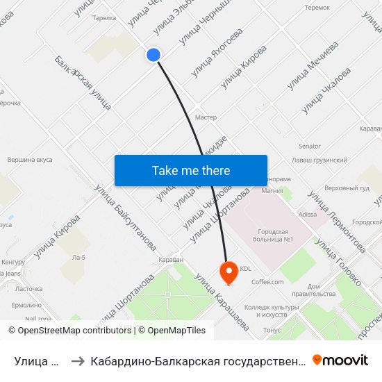 Улица Чернышевского to Кабардино-Балкарская государственная сельскохозяйственная академия имени В.М. Кокова. map
