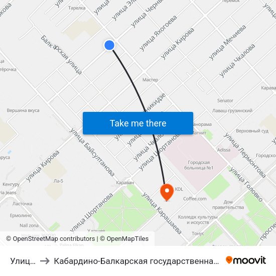 Улица Головко to Кабардино-Балкарская государственная сельскохозяйственная академия имени В.М. Кокова. map