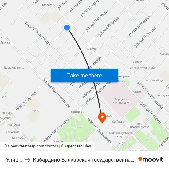 Улица Головко to Кабардино-Балкарская государственная сельскохозяйственная академия имени В.М. Кокова. map