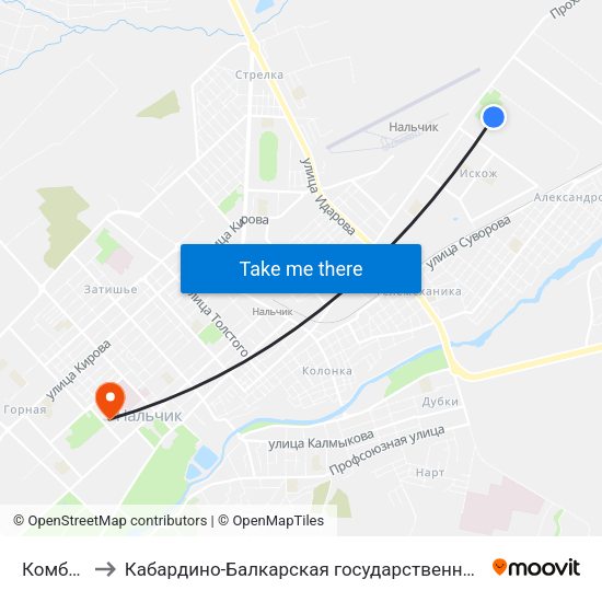 Комбинат Искож to Кабардино-Балкарская государственная сельскохозяйственная академия имени В.М. Кокова. map
