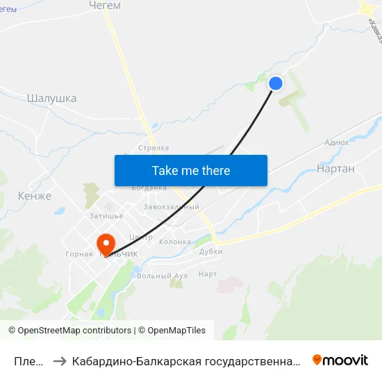 Племстанция to Кабардино-Балкарская государственная сельскохозяйственная академия имени В.М. Кокова. map