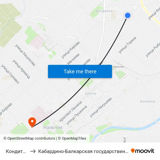 Кондитерская Фабрика to Кабардино-Балкарская государственная сельскохозяйственная академия имени В.М. Кокова. map