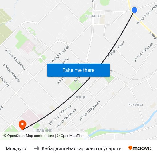 Междугородный Автовокзал to Кабардино-Балкарская государственная сельскохозяйственная академия имени В.М. Кокова. map