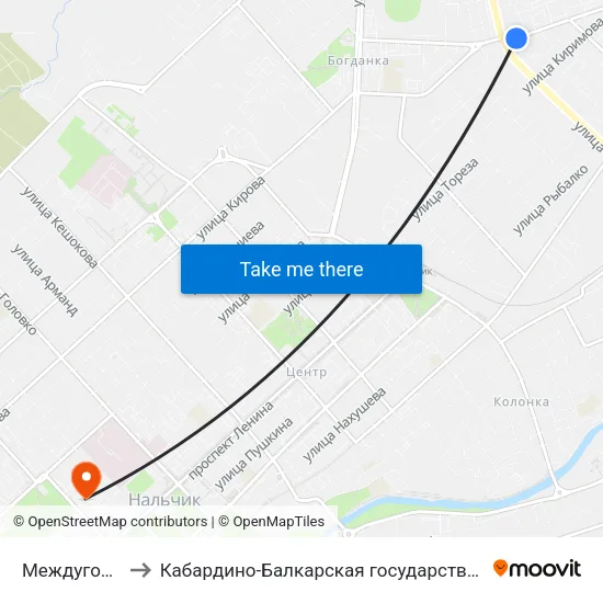 Междугородный Автовокзал to Кабардино-Балкарская государственная сельскохозяйственная академия имени В.М. Кокова. map