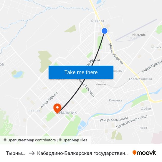 Тырныаузская Улица to Кабардино-Балкарская государственная сельскохозяйственная академия имени В.М. Кокова. map