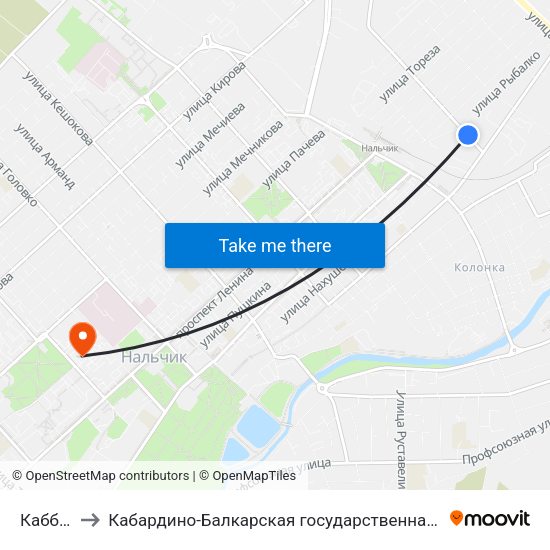 Каббалкэнерго to Кабардино-Балкарская государственная сельскохозяйственная академия имени В.М. Кокова. map