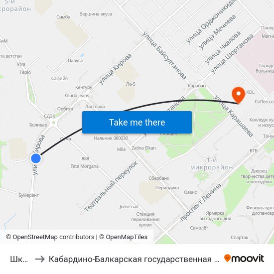 Школа №32 to Кабардино-Балкарская государственная сельскохозяйственная академия имени В.М. Кокова. map