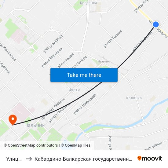 Улица Мичурина to Кабардино-Балкарская государственная сельскохозяйственная академия имени В.М. Кокова. map