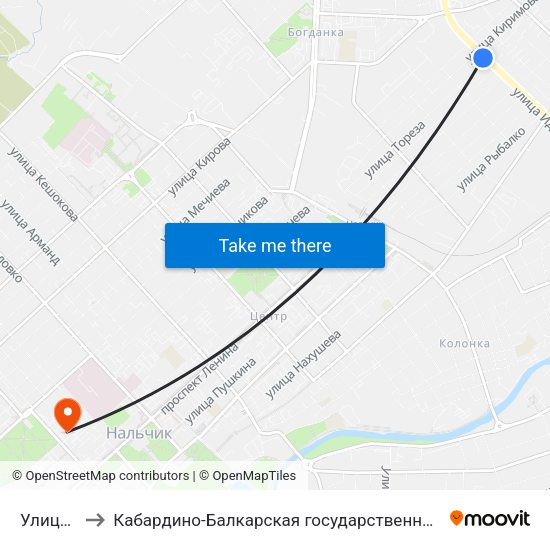 Улица Киримова to Кабардино-Балкарская государственная сельскохозяйственная академия имени В.М. Кокова. map