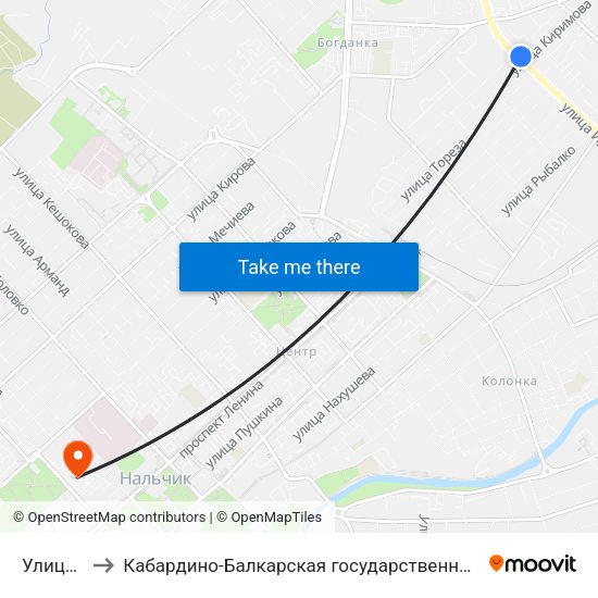 Улица Киримова to Кабардино-Балкарская государственная сельскохозяйственная академия имени В.М. Кокова. map