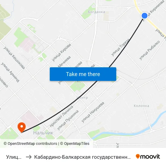 Улица Киримова to Кабардино-Балкарская государственная сельскохозяйственная академия имени В.М. Кокова. map
