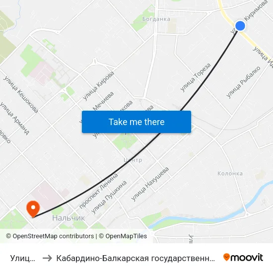 Улица Киримова to Кабардино-Балкарская государственная сельскохозяйственная академия имени В.М. Кокова. map